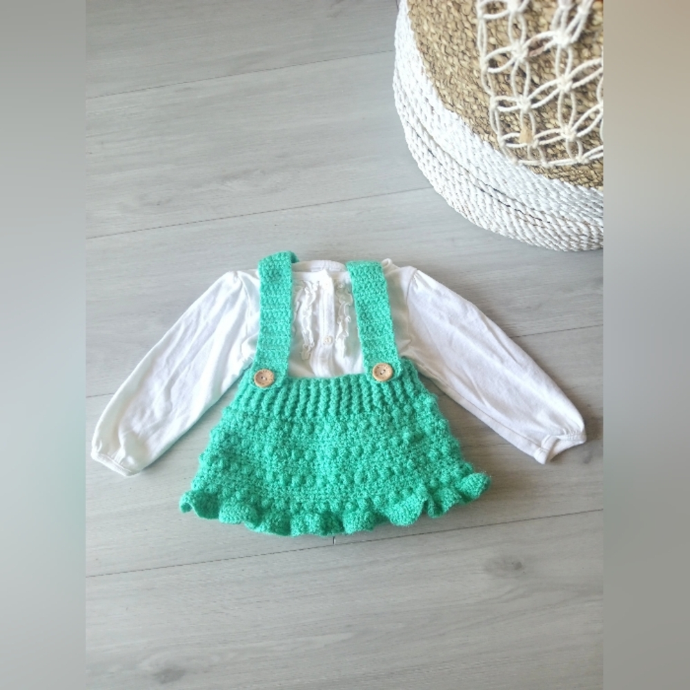 Handmade Green Knit Suspender Skirt for Kids